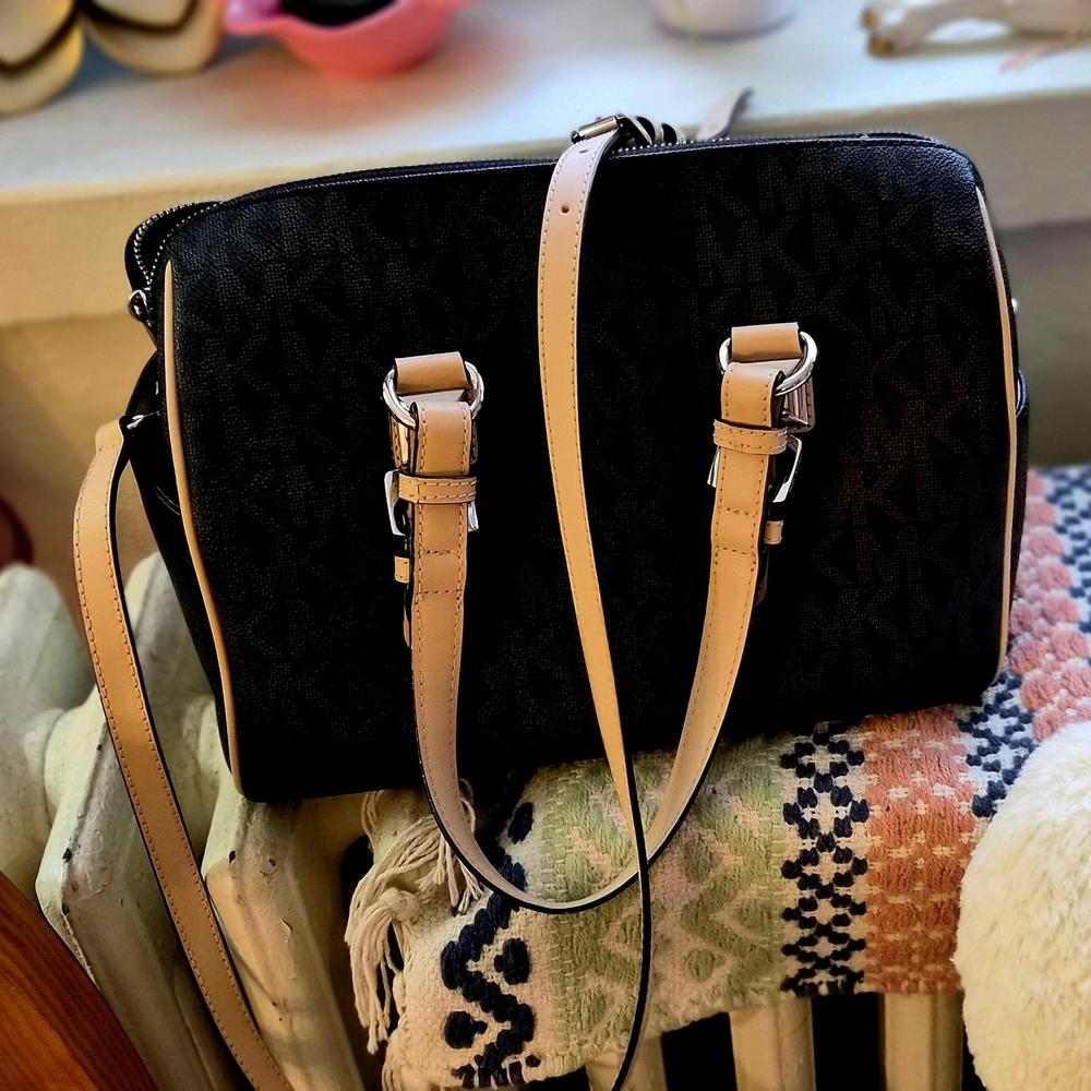 MICHAEL Michael Kors Black Satchel with Tan Trim